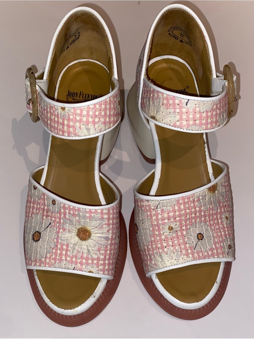 Fluevog Pink and white Woven leather Block heel Mary Janes - Picture 2 of 5